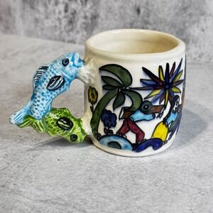 Jesus Roman D Mexican Folk Art Pottery Mug 3-D Fish Handle Xalitla Guerrero